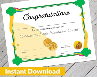 Girl Scout Ambassador Cookie Entrepreneur Award Certificate - Downloadable Design