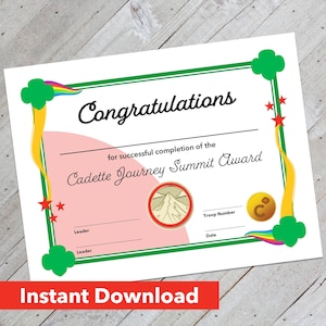 Girl Scout Cadette Journey Summit Award Certificate - Downloadable Design
