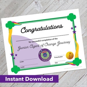 Girl Scout Junior Agent of Change Journey Certificate - Downloadable Design