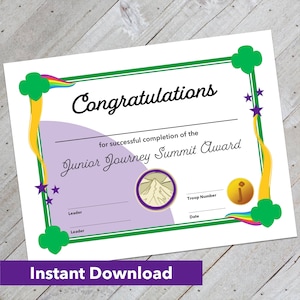 May include: A printable certificate with a green border and a rainbow design. It says "Congratulations" and "Junior Journey Summit Award".