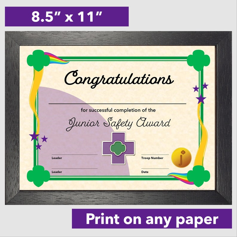 Girl Scout Junior Safety Award Certificate Downloadable Design Etsy