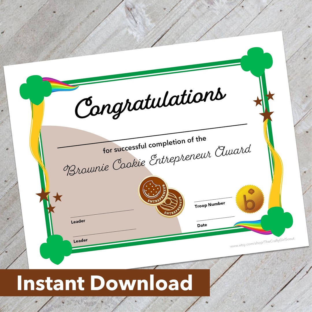 Girl Scout Brownie Cookie Entrepreneur Award Certificate Etsy