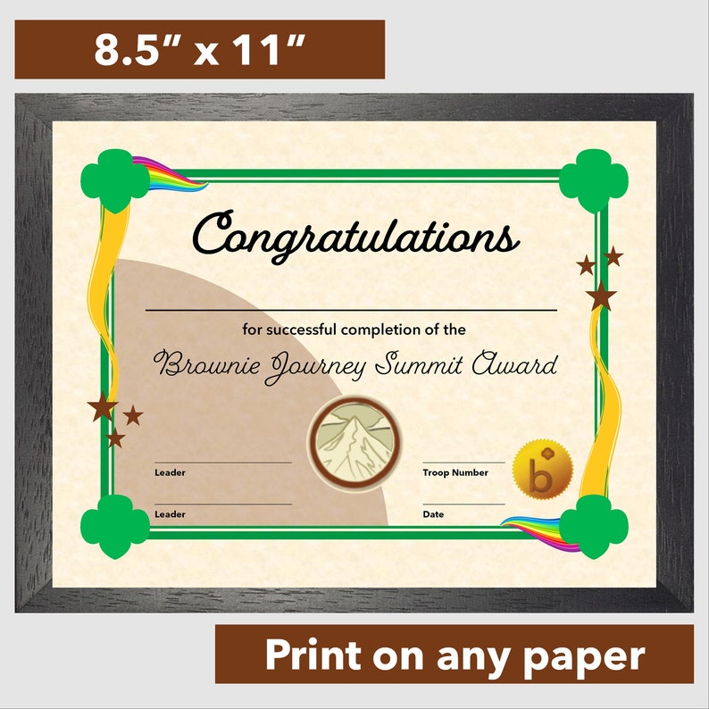 Girl Scout Brownie Journey Summit Award Certificate Downloadable Design