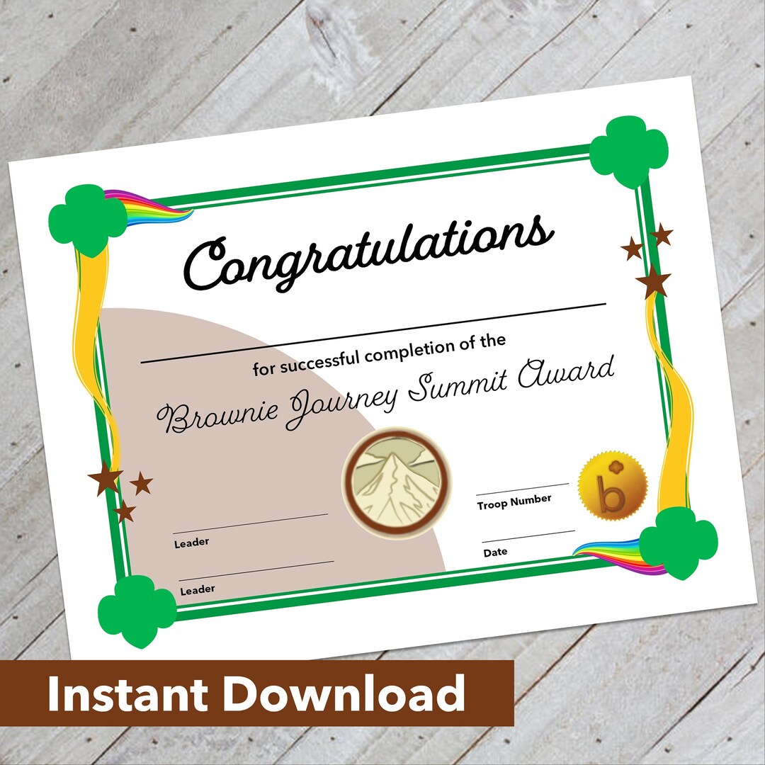 Girl Scout Brownie Journey Summit Award Certificate Downloadable Design