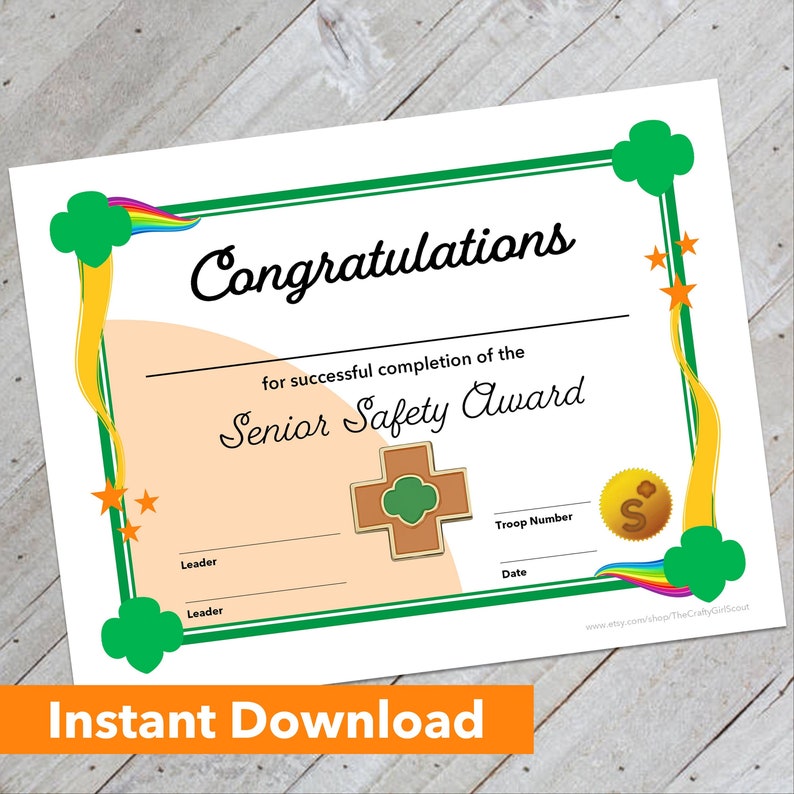 Girl Scout Senior Safety Award Certificate Downloadable Etsy