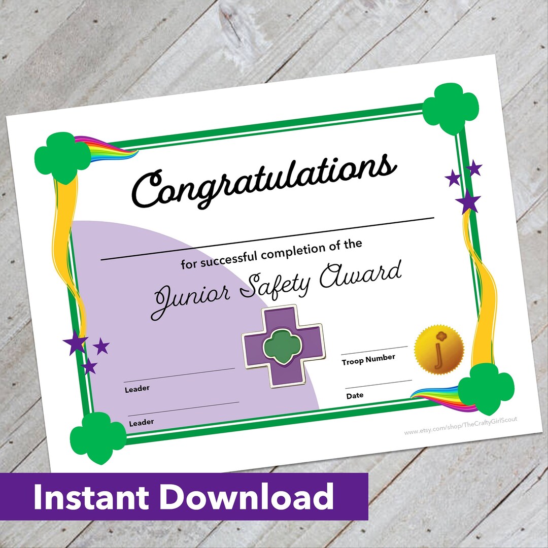 Girl Scout Junior Safety Award Certificate Downloadable Design Etsy