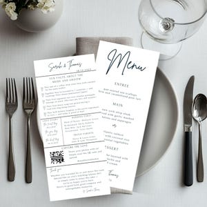 Modèle de mariage Anecdote modifiable Anecdote et carte de menu modifiables Carte de partage photo avec code QR minimaliste Menu de mariage imprimable téléchargement immédiat