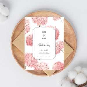 Tarjeta de invitación para guardar la fecha con hortensias rosas, plantilla editable para anuncio de boda, tarjeta de invitación para guardar la fecha imprimible con motivos florales modernos, descarga instantánea
