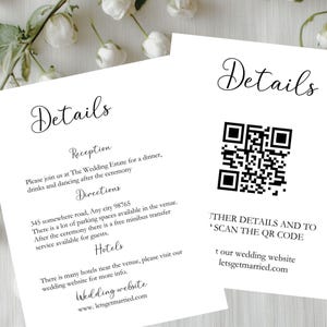 Modèle de carte de détails de mariage minimaliste avec code QR Modèle de carte modifiable d'informations sur le mariage Carte de détails modifiables à téléchargement immédiat