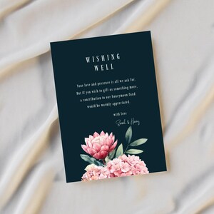 Modelo de cartão de casamento com poço dos desejos floral escuro, editável, convite de casamento com poço dos desejos, papelaria moderna para download instantâneo