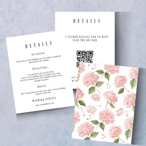 Plantilla de tarjeta de detalles de boda con hortensias rosas. Plantilla de tarjeta de información de boda editable con código QR. Descarga instantánea. Tarjeta de detalles imprimible.