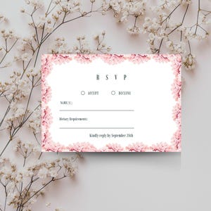 Elegante plantilla de tarjeta RSVP con flores rosas, editable e imprimible, papelería de boda ruborizada, descarga instantánea, inserto RSVP de hortensias.