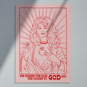 Impression d&#39;art A4 Dolly Vierge Marie / Citation religieuse Portrait de musique country / Illustration rouge et rose / Jolene du 9 au 5