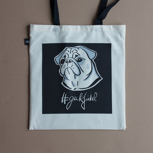 Mops Pug Biobaumwolltasche mit hochwertigem Siebdruck (schwarz)