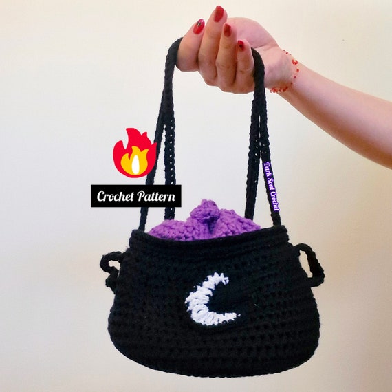 Witch Cauldron Bag CROCHET PATTERN/ Gothic Crochet Bag/ Crochet Drawstring Bag/ Crochet Bag Pattern / Witch themed gift / Witch themed bag