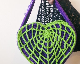 PURPLE with Green Crochet Spiderweb Bag/Stuck in your web bag  / Heart crochet bag / Spooky crochet bag/ Madame Webb Bag/ Halloween crochet