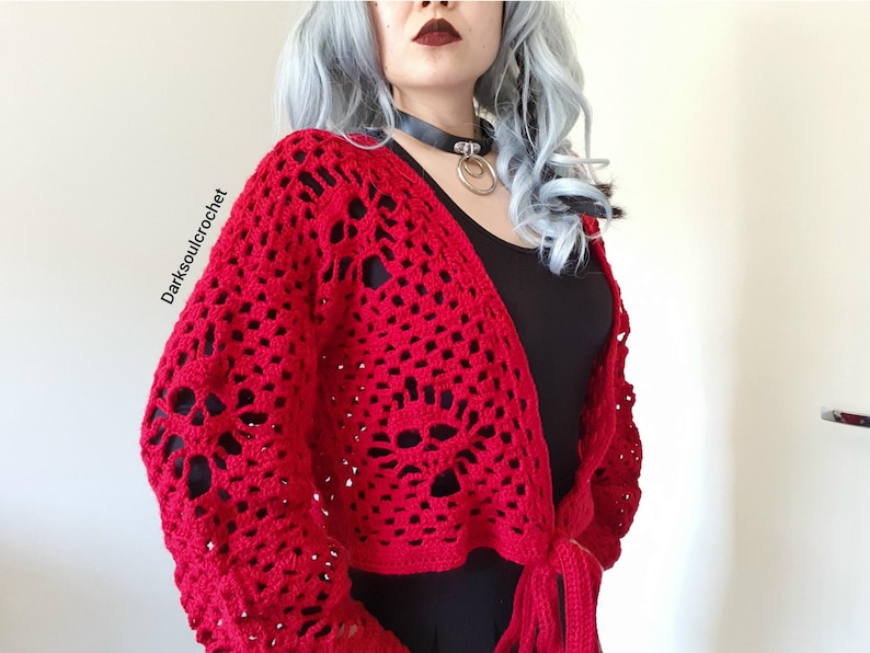 CROCHET PATTERN Friday the Thirteenth Skull Cardigan / Spooky Cardigan / Gothic Cardigan / Witch Cardigan / Tie Up Wrap Cardigan image 3