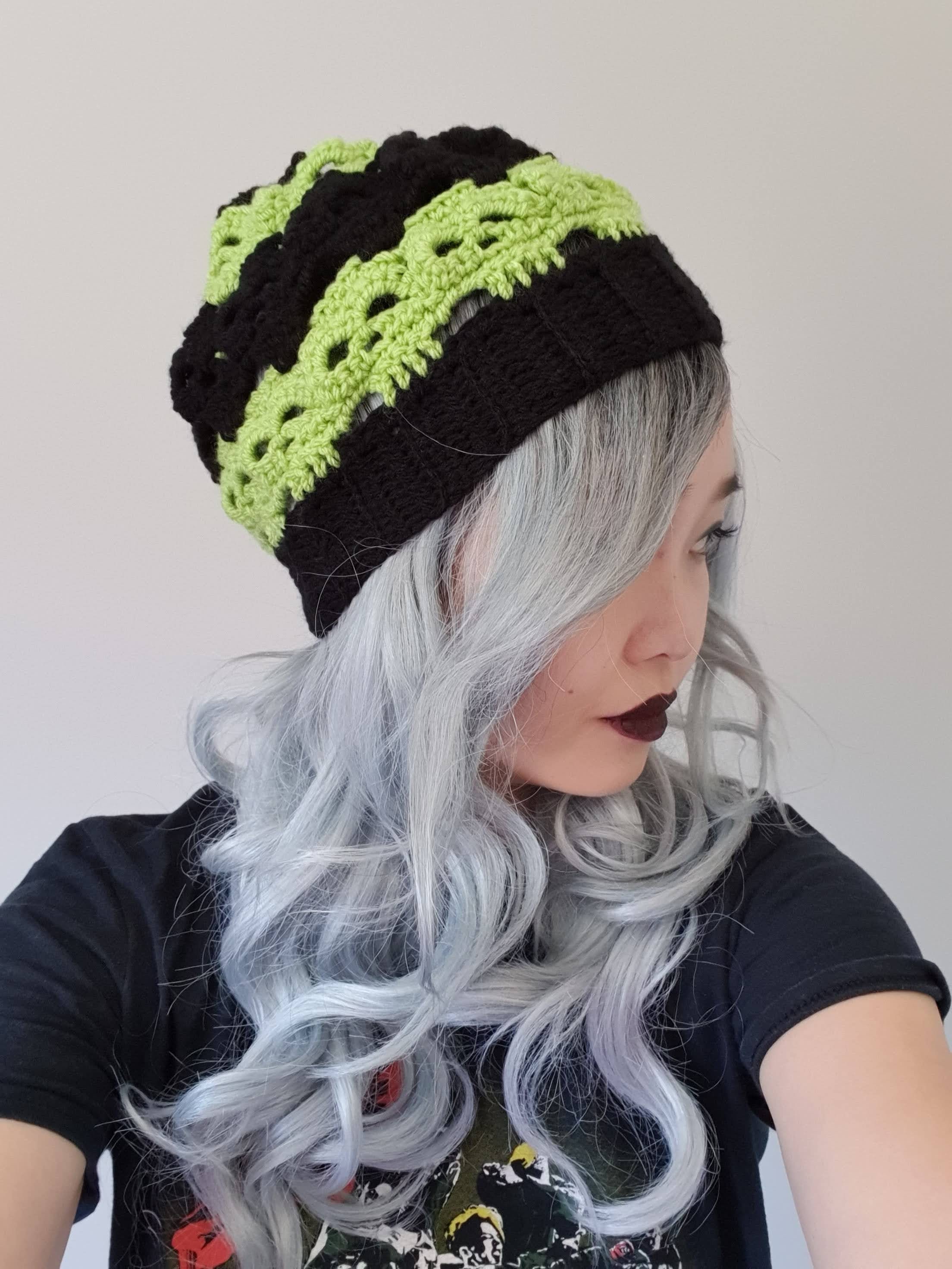 Green Crochet Beanie/goth Skull 