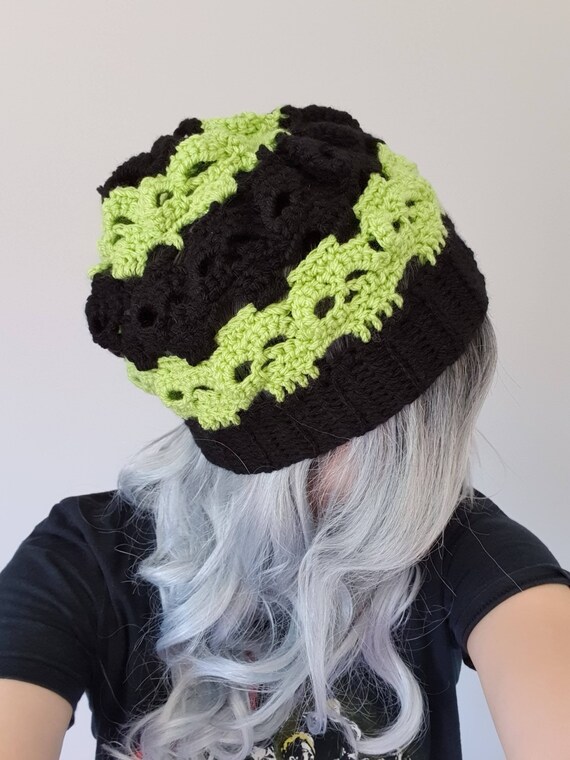 Redemption Large Black \u0026 Green Crochet Beanie/Goth skull beanie/Slouchy skull beanie/Teen skull beanie/Sugar Skull Beanie/Goth skull hat