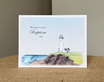 Baptism Blessings-Lighthouse-Greeting Card-100% Recycled Paper-Watercolor-Handmade-Size A2-4.25"x5.5"