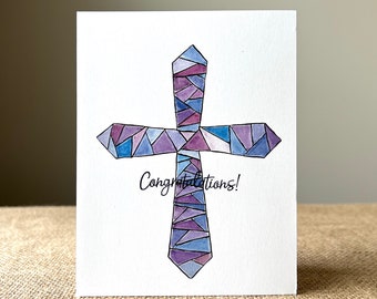 Confirmation-Cross-Stained Glass-Greeting Card-100% Recycled Paper-Watercolor-Handmade