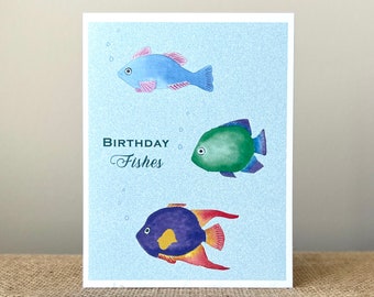 Birthday Fishes Card-3 Tropical Fish-Funny-Greeting Card-100% Recycled Paper-Eco-friendly-Watercolor-Size A2-4.25"x5.5"