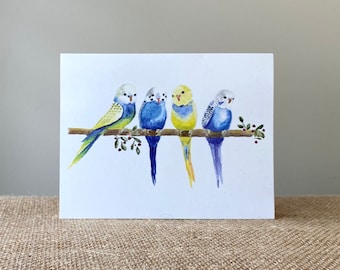 Oiseaux, perruches, carte de voeux, papier 100 % recyclé, aquarelle, fait main, format A2-4,25 x 5,5 po