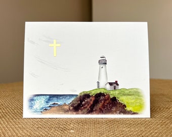 Baptism-Metallic Cross-Lighthouse-Greeting Card-100% Recycled Paper-Watercolor-Handmade-Size A2-4.25"x5.5"