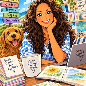 May include: A person with long curly brown hair sits at a desk with a golden dog, a white mug labeled Good Things Ahead, a stack of cards reading Small Cards... Big Smiles, a laptop saying Create Spread Joy, and an open sketchbook.