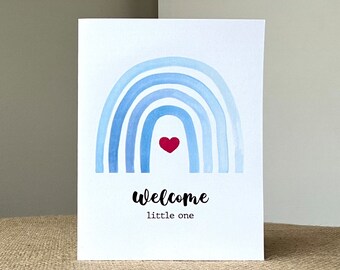 Welcome Baby-Little One-Boho Blue Rainbow-Heart-Greeting Card-100% Recycled Paper-Watercolor-Handmade-Size A2-4.25"x5.5"