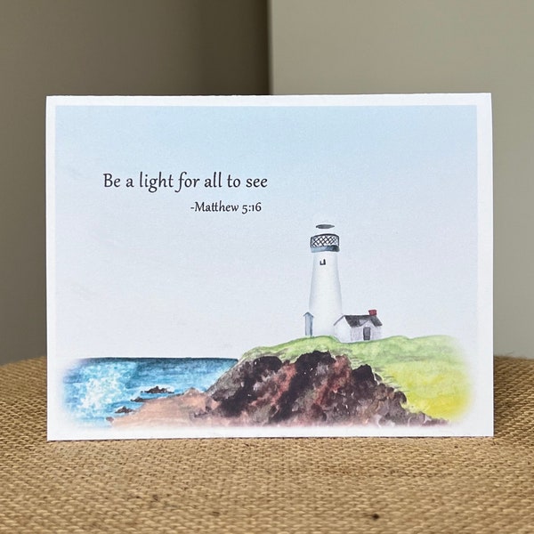 Baptism Blessings-Be A Light For All To See-Lighthouse-Greeting Card-100% Recycled Paper-Watercolor-Handmade-Size A2-4.25"x5.5"