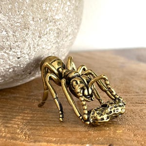 May include: A gold-colored metal ant figurine carrying a smaller, textured, gold-colored metal object. The ant is posed as if it is carrying the object.