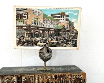 Vintage Shell Photo Holder, Antiqued Brass Tone | Shell Place Card Holder | Wedding Menu or Sign Holder