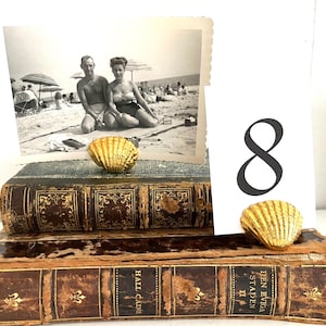 May include: A black and white photograph of a couple on a beach is propped up on a stack of antique books. Two gold-colored seashell ornaments and a white card with the number 8 are also displayed.