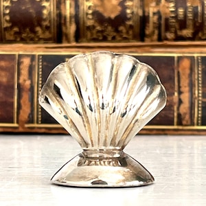 May include: A silver-colored, seashell-shaped decorative object. The object has a wide, flared base and a fan-like top with vertical ridges. The background features the spines of two antique books.