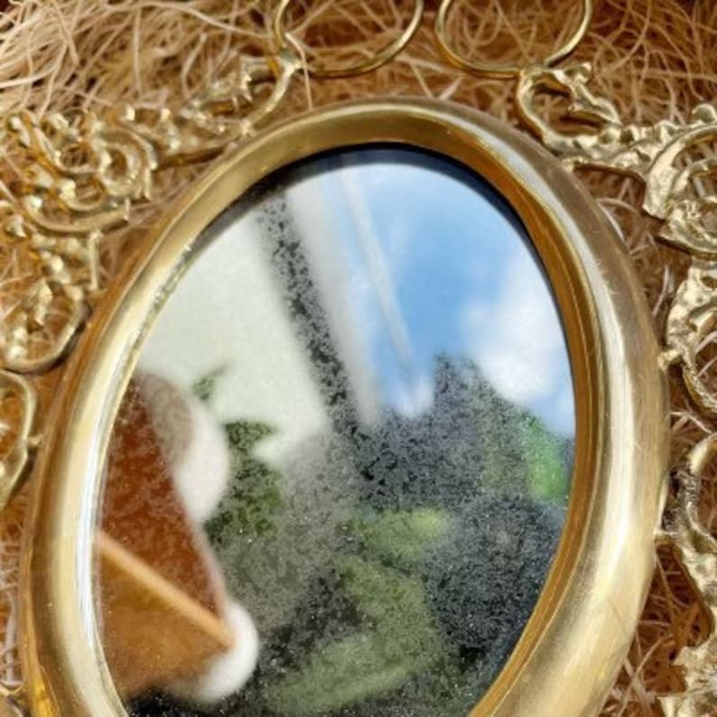 Puede incluir: Un espejo ovalado dorado con detalles ornamentados alrededor del marco. El espejo refleja una imagen borrosa de una planta verde y un cielo azul.