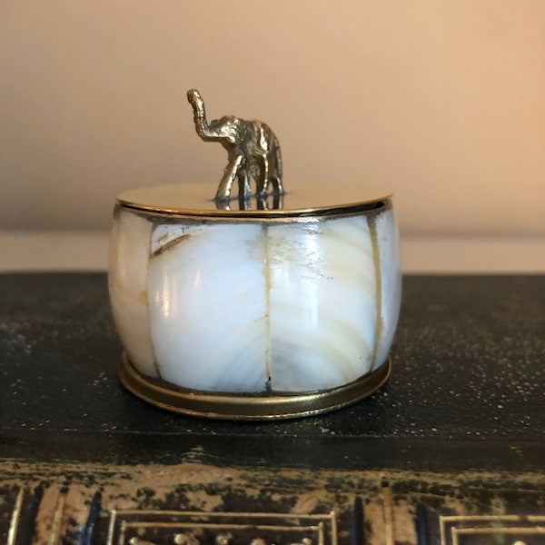 Small Elephant Brass Trinket Box with Mother of Pearl | Elephant Ring Box