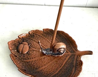 Antiqued Copper Tone Leaf Dish with Ladybug and Small Snail Incense Holder