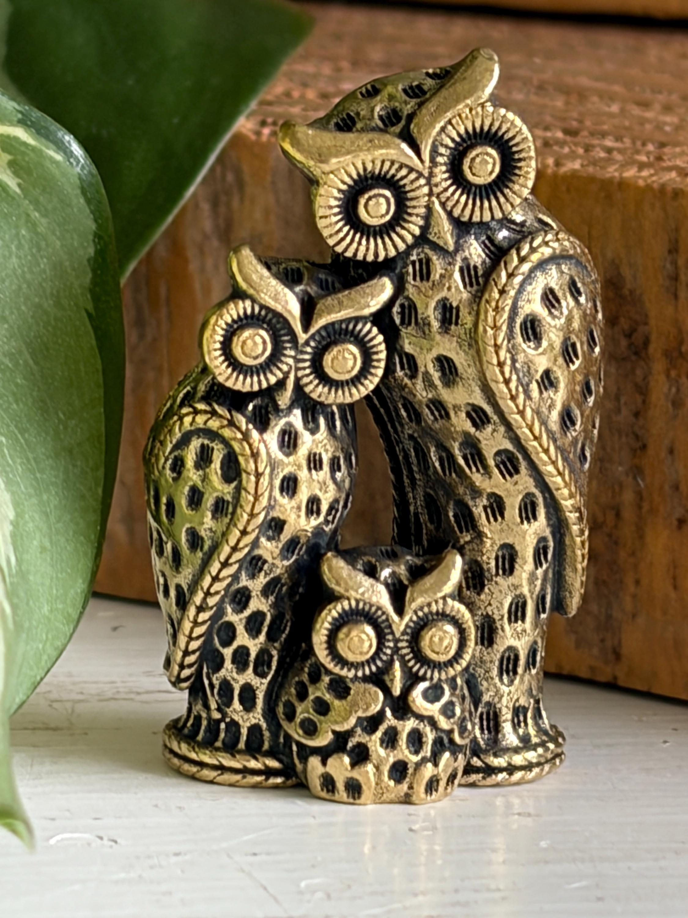 Vintage Miniature Brass Owl Family, 1 1/4"