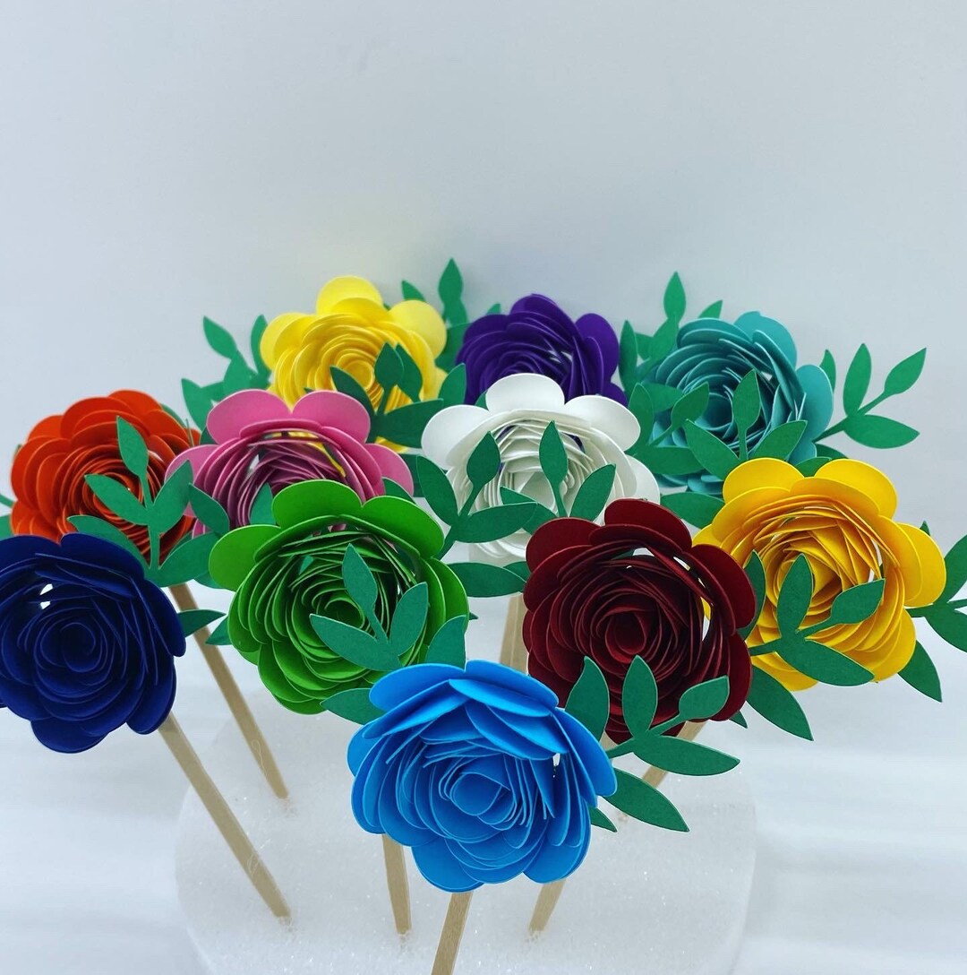 Set of Paper Flower Toppers, Flower Cupcake Toppers, Roses Toppers