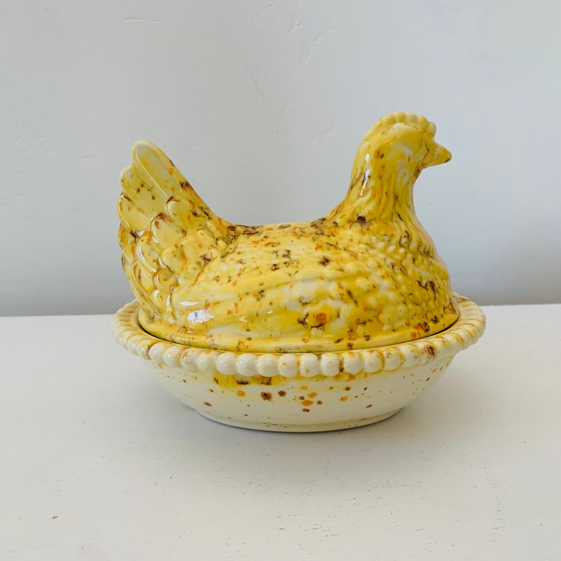 Hen Ceramic Covered Bowl Yellow Speckled Chicken Farmhouse | Etsy