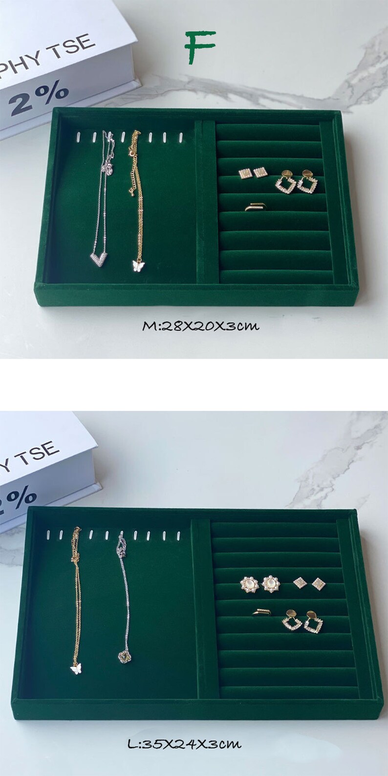 Organiseur de plateaux à bijoux empilable en velours, présentoirs de rangement de bijoux pour tiroir, organisateur d'anneaux de collier et de boucles d'oreilles F