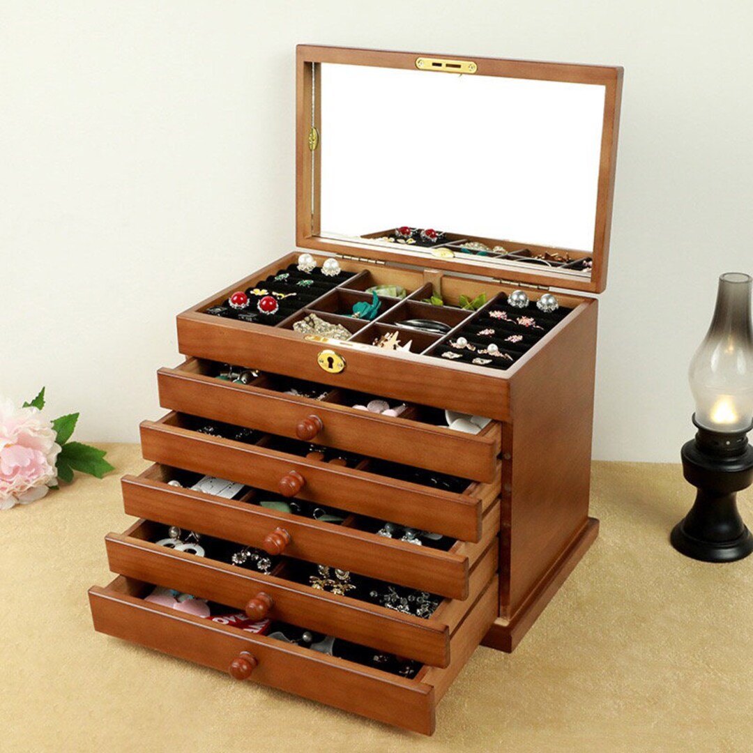 Vintage Jewelry Organizer Box With Makeup Mirror, Wooden Storage Box ...