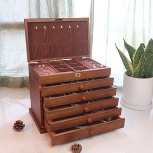 Jewelry Organizer Box, Wooden Vintage Storage Box, Earring Jewelry Display Box, 6 Layers Case with 5 Drawers, Retro LilyCarved Jewelry Box