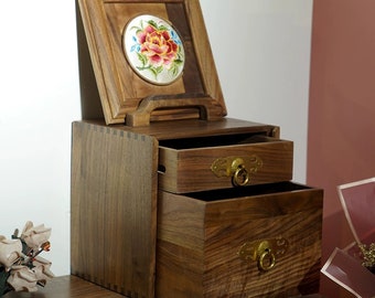 Wooden Jewelry Organizer Box with Hand Embroidery, High-grade Black Walnut Vintage Jewelry Box, Antique Jewelry Display, Retro Jewelry Box