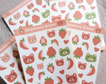 Strawberry & bear sticker sheet | aardbeien stickers | bear stickers | beer stickers |