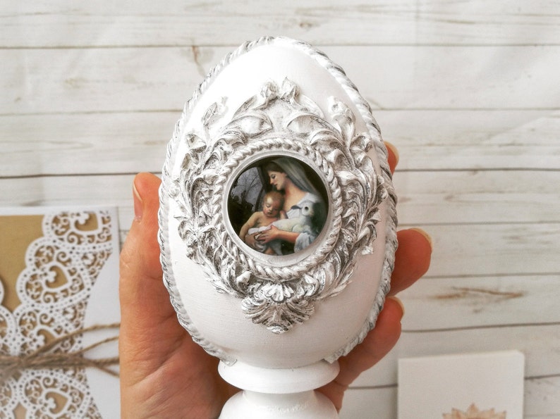 Vintage easter eggs with icon is great religious gifts unique shabby chic easter decorations for basket or antique white spring decor.