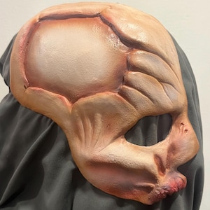 Op de afbeelding: Een grotesk, vleeskleurig masker met een verweerde uitstraling. Het masker heeft een prominente wenkbrauw, een verzonken oogkas en een vervormde mond. Het kleurenpalet omvat tinten roze, rood en bruin, wat een realistisch, verontrustend effect creëert. Ideaal voor Halloween of kostuumfeesten.