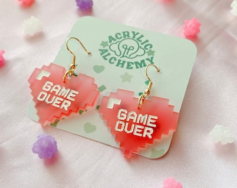 Dainty Pixel Heart Game Over Dangle Earrings