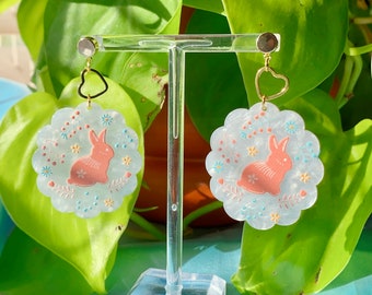 Floral Bunny Acrylic Earrings | Rabbit Dangle Earrings